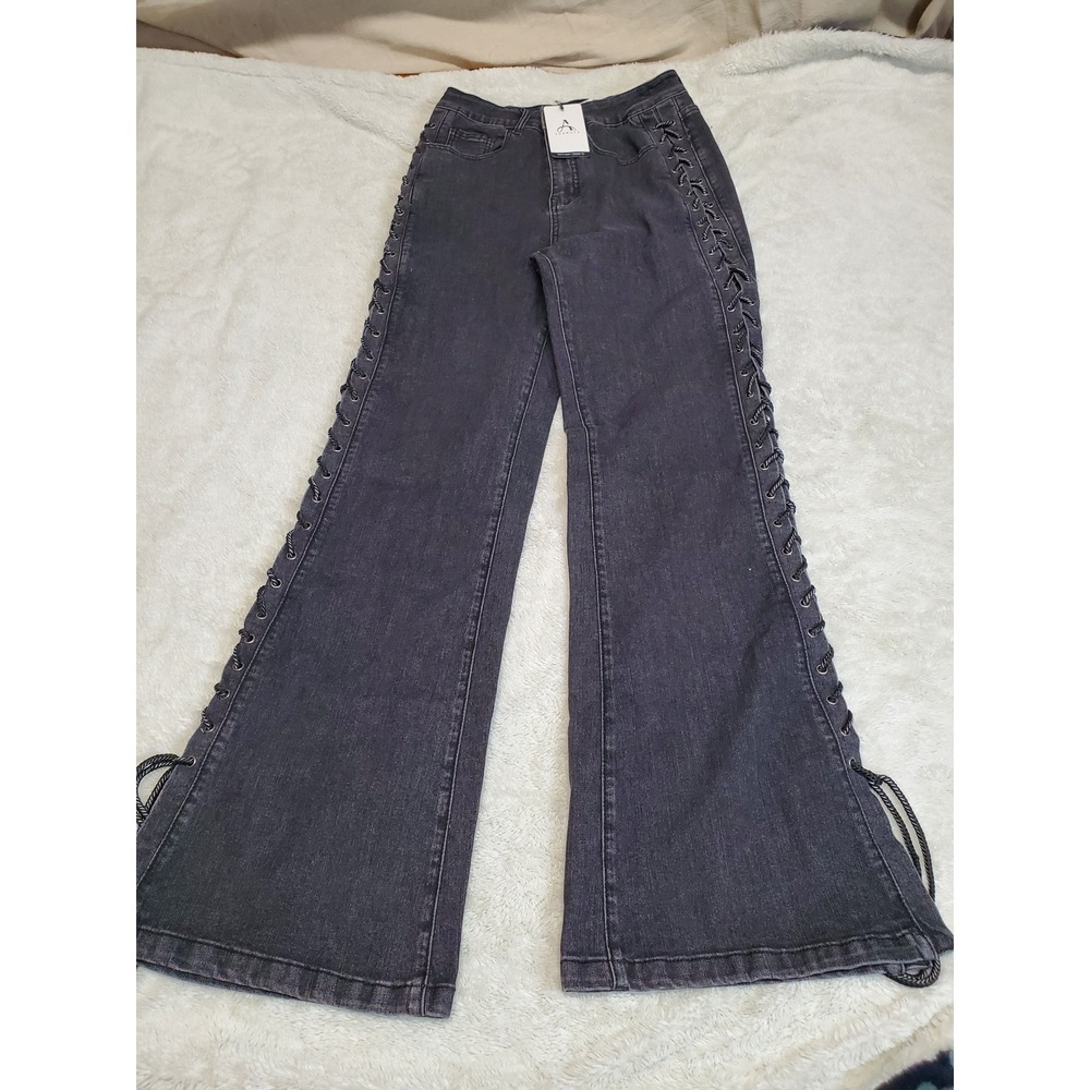 NWT Anewsta Black Side Rope Woven Denim Flare Jeans Pants Small Y2K Retro Grunge